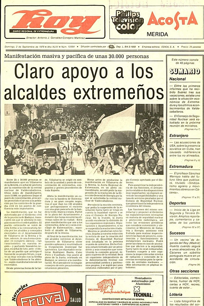 Portada del HOY del 2 de septiembre de 1979, con la manifestación contra la nuclear de Valdecaballeros.