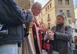 El cura Ceferino de las Heras bendice a la mascota de una cacereña en la plaza de San Juan.