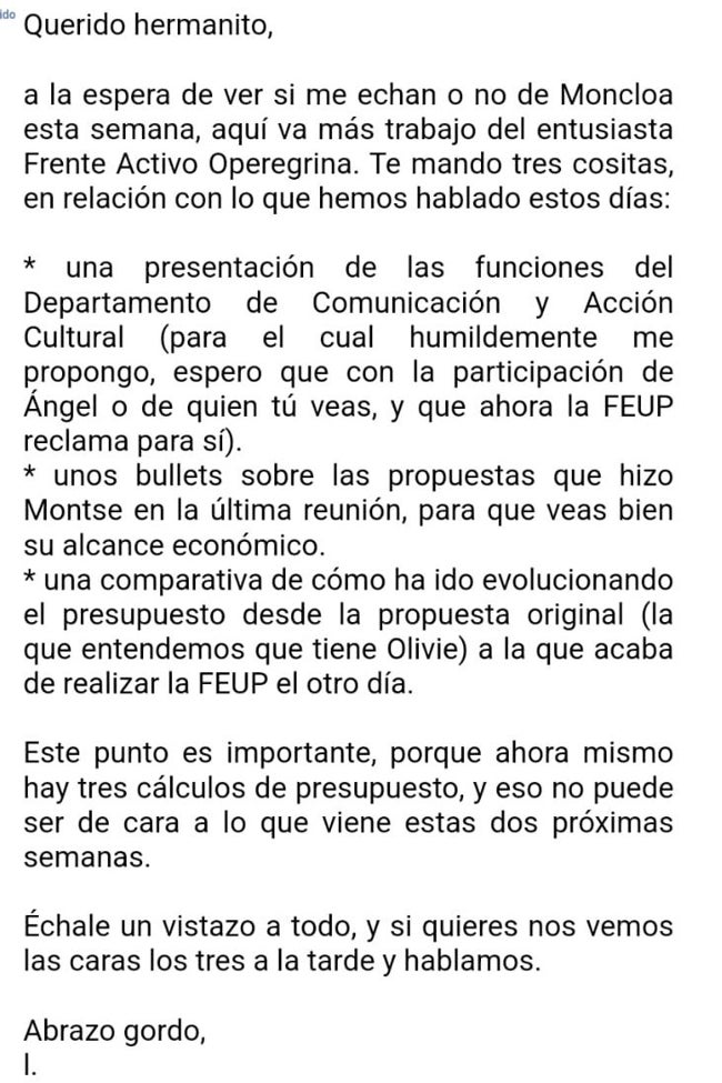 Correo electrónico enviado por Luis Carrero a David Sánchez en 2022 y que forma parte de las diligencias.