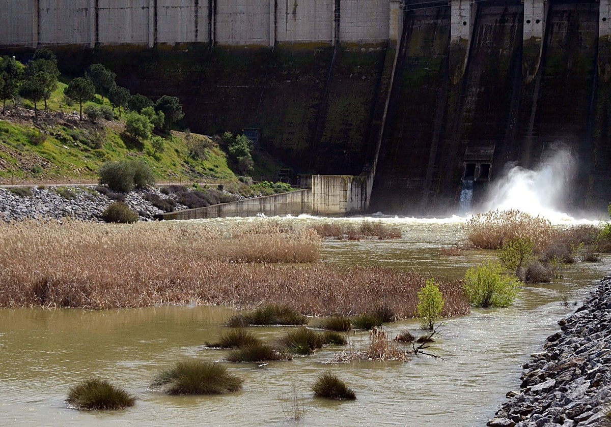 La presa de Alange soltando agua al Matachel.