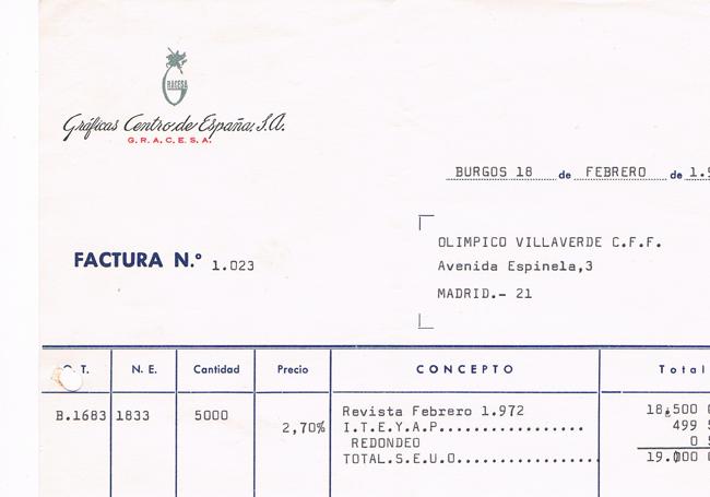 Factura de una tirada de 5.000 ejemplares para la revista publicada en febrero de 1972.