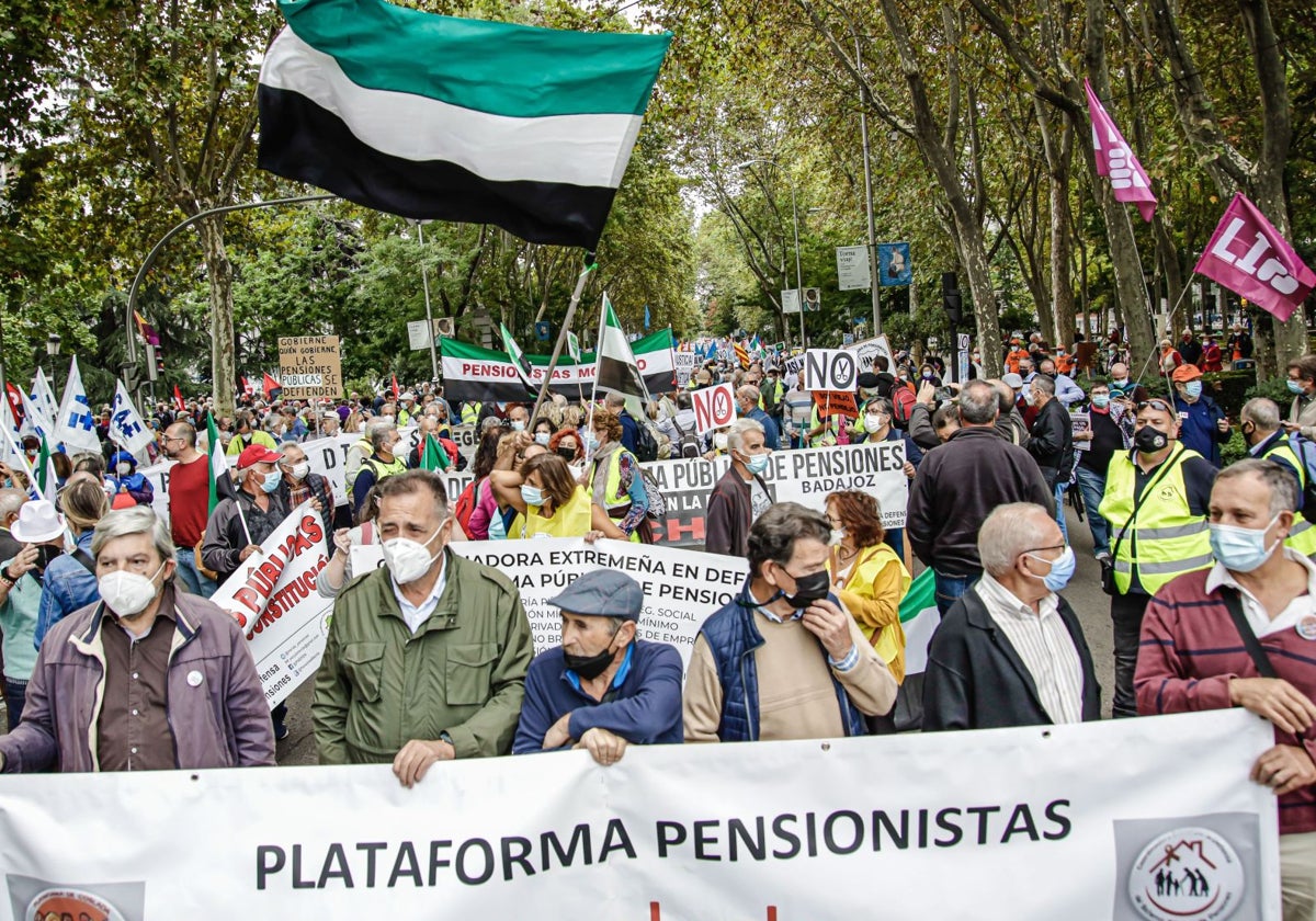 Banderas extremeñas en una de las últimas manifestaciones en defensa de las pensiones en Madrid.