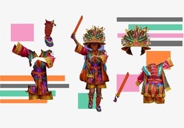Detalles del traje que ha lucido la comparsa Cambalada durante el Carnaval de Badajoz 2025.