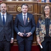 Pedro Rollán, Abel Bautista y Maite Araluce, durante el acto celebrado en el Senado.