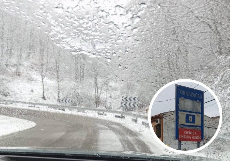 Estado de la carretera N-110 con la nieve caida este domingo en Tornavacas.