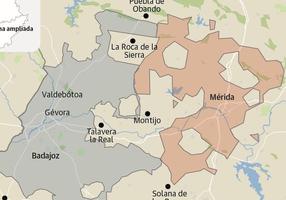 Términos municipales de Mérida y Badajoz, que lindan a la altura de La Roca de la Sierra.