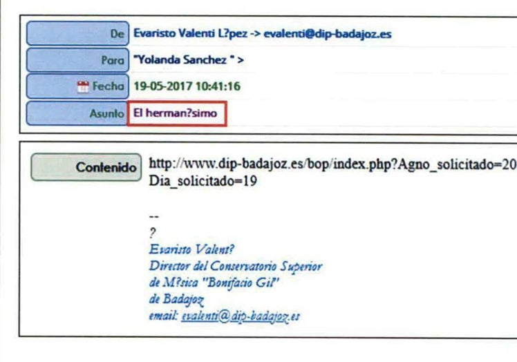 Correo enviado por Evaristo Valentí a Yolanda Sánchez el día en que se convocó la plaza.