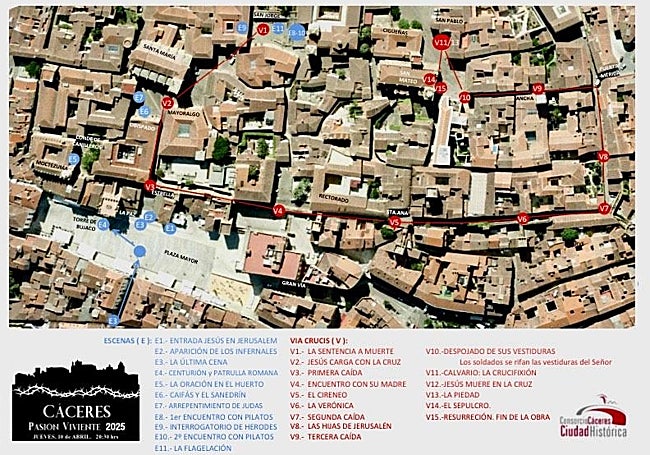 Plano con el recorrido de la Pasión Viviente por la Ciudad Monumental de Cáceres.