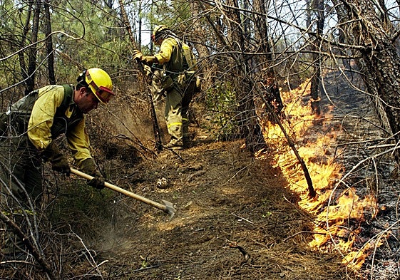 Trabajadores del Infoex durante la extinción de un incendio.