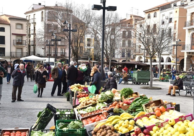 Puesto de frutas y verduras en el mercado de la Plaza Mayor de Plasencia.