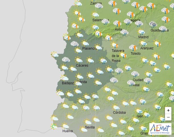 Previsión de lluvias el jueves, 15 de mayo, entre las 12.00 y las 18.00 horas.