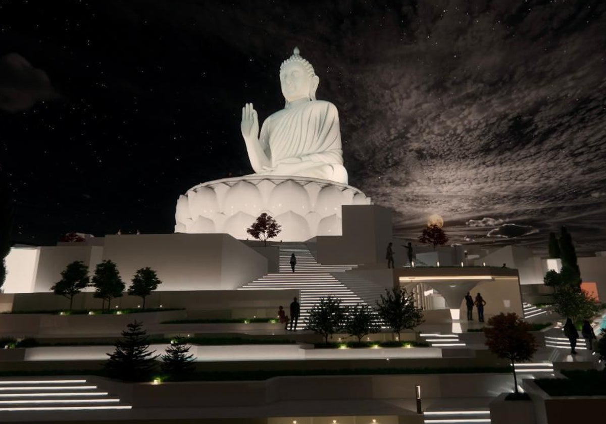 Recreación de la estatua de Buda (de 47 metros de alto y hecha en jade blanco) en Cerro Romanos, en cuya base habrá dos plantas.