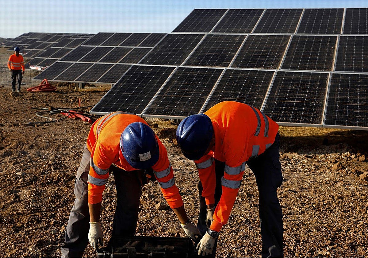 Trabajadores en la construcción de la fotovoltaica Núñez de Balboa, entre Usagre e Hinojosa del Valle.