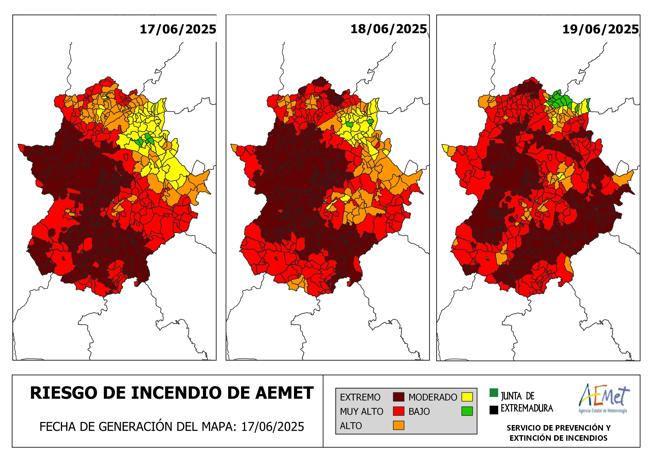 Mapas de riesgo de incendios generados por la Aemet.