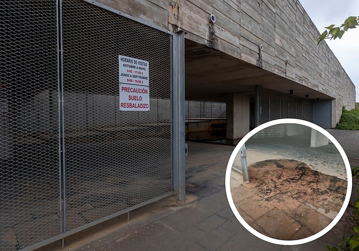 Vista general de la entrada nueva del cementerio de Cáceres. A la derecha, en el círculo, foto de la zona el día que se cayó Cándida.