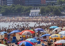 Sombrillas y bañistas en la playa.