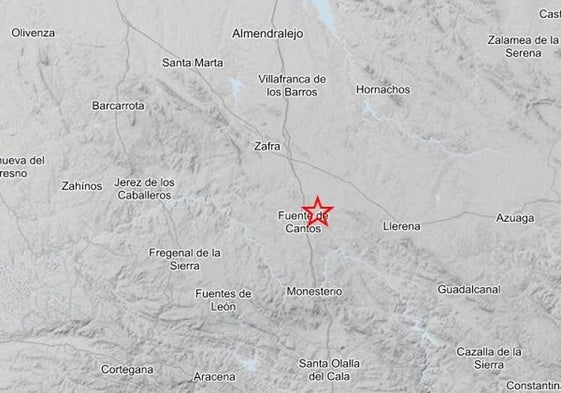 La estrella marca el epicentro del temblor registrado en Extremadura.