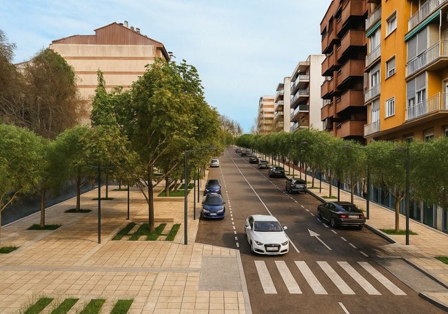 Otra perspectiva de la avenida Virgen de la Montaña tras la reforma, con los coches aparcados en línea.