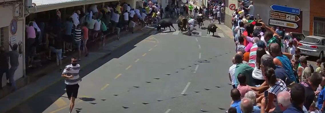 Así ha sido momento en el que los 'Patas blancas' de Victorino Martín han arrollado a un corredor