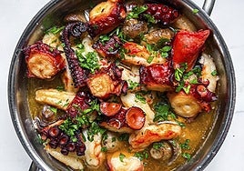 Receta de pulpo y gambones con champiñones