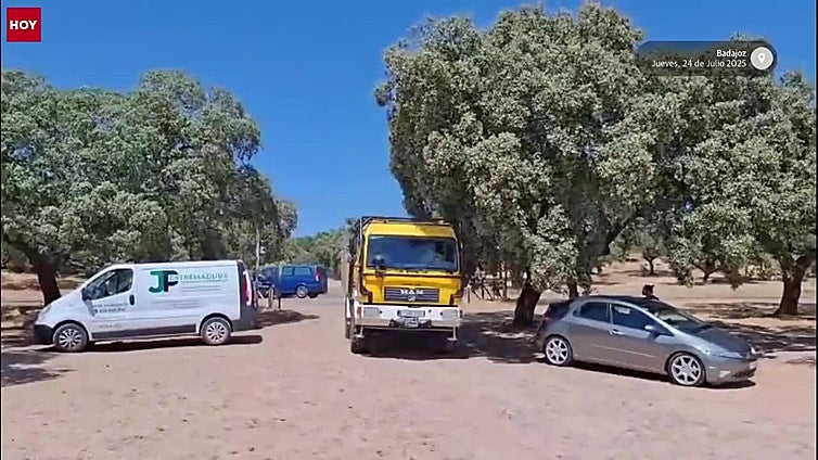 Los bomberos luchan contra el incendio que está calcinando la dehesa de Tres Arroyos en Badajoz