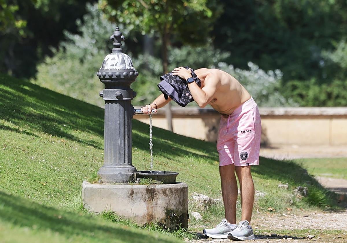 Un hombre se refresca en una fuente de un parque.