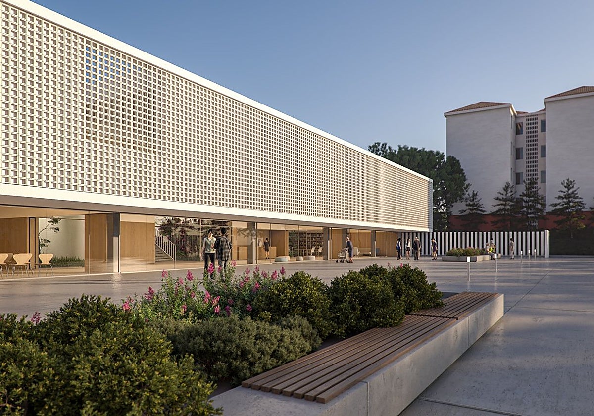 Recreación de la gran plaza y del hogar de mayores de la barriada de Nueva Ciudad.