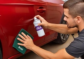 Aplicando laca del pelo Deliplus y frotando con una bayeta de microfibra Bosque Verde.