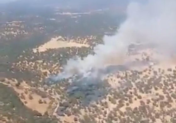 Vista aérea del fuego declarado este jueves en una zona limítrofe entre las provincias de Badajoz y Huelva.