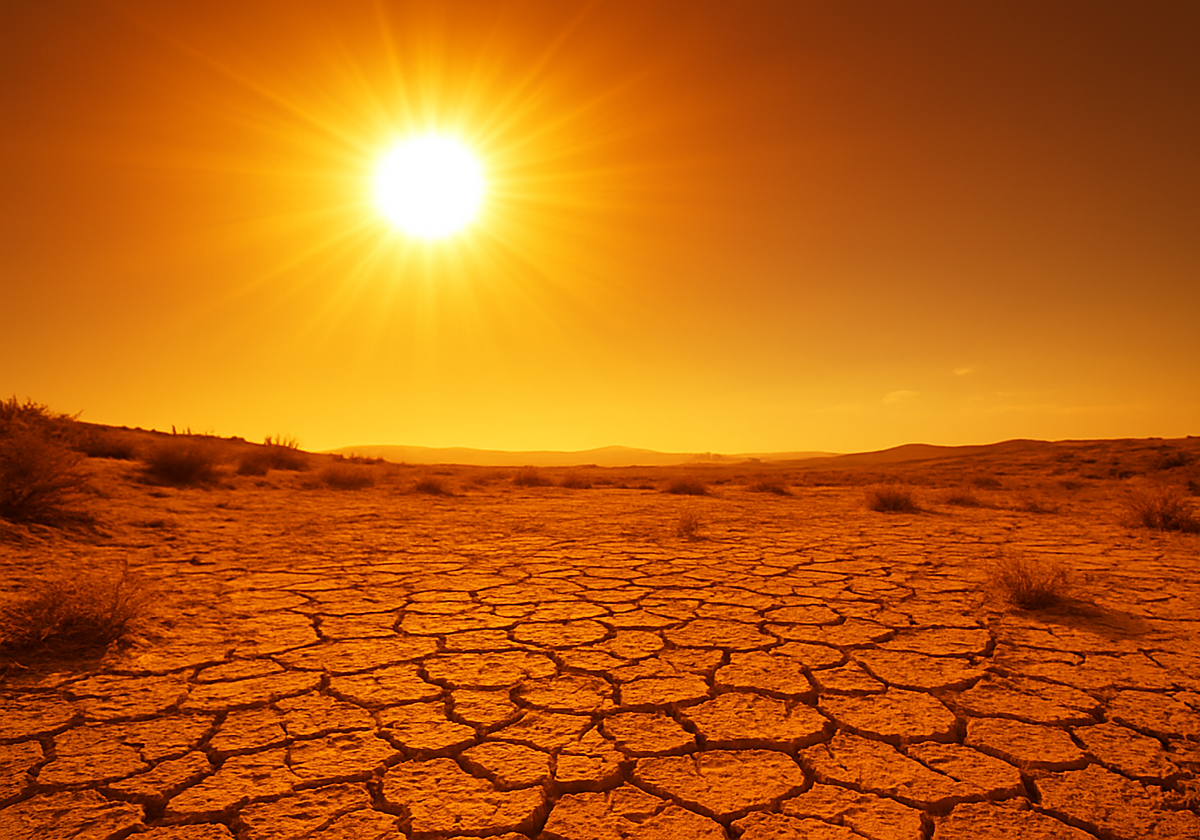 Paisaje seco bajo un sol abrasador.