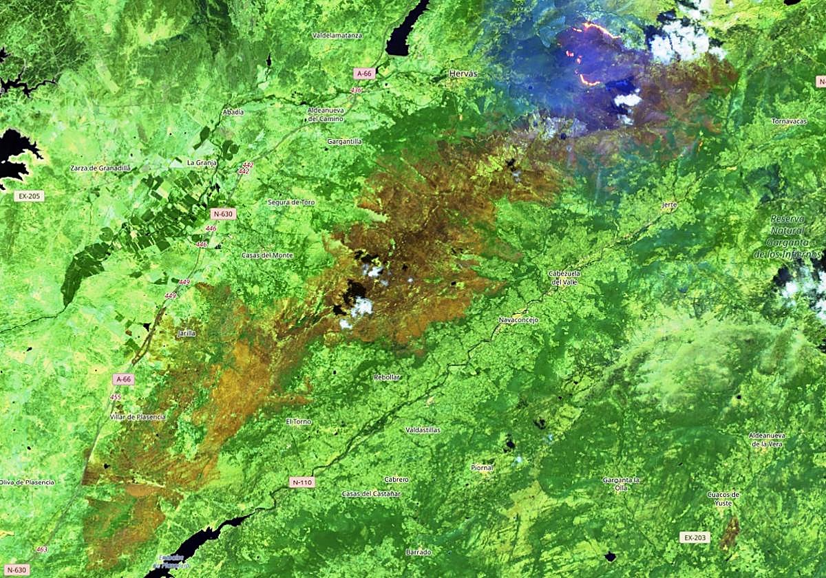 Así se ve el incendio de Jarilla desde el espacio con cámara infrarroja