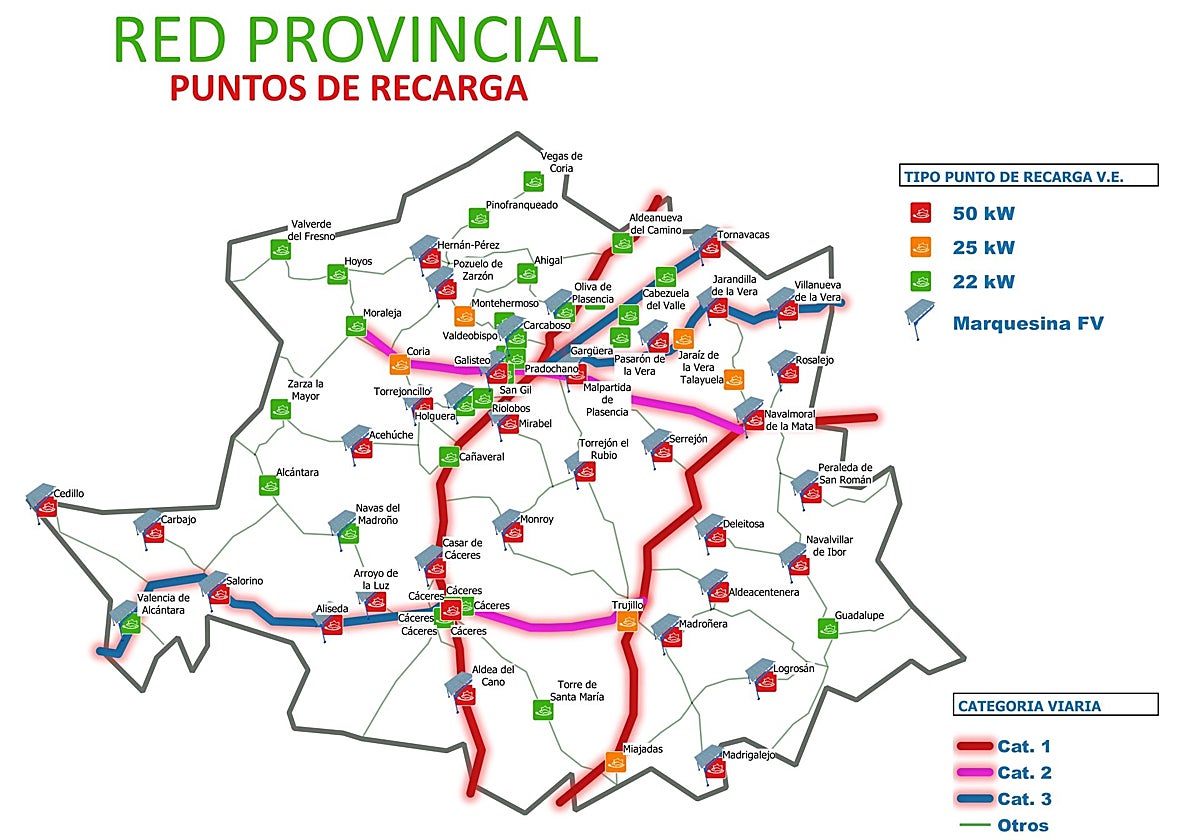 Mapa con la ubicación de los puntos de recarga de la red provincial facilitado por la Diputación de Cáceres.