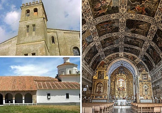 Varias imágenes de monumentos de Fuente del Arco: la iglesia parroquial de Ntra. Sra. de la Asunción y la ermita de la Virgen del Ara