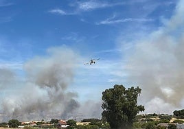 Un medio aéreo del Infoex en las labores de extinción del fuego en Don Benito.