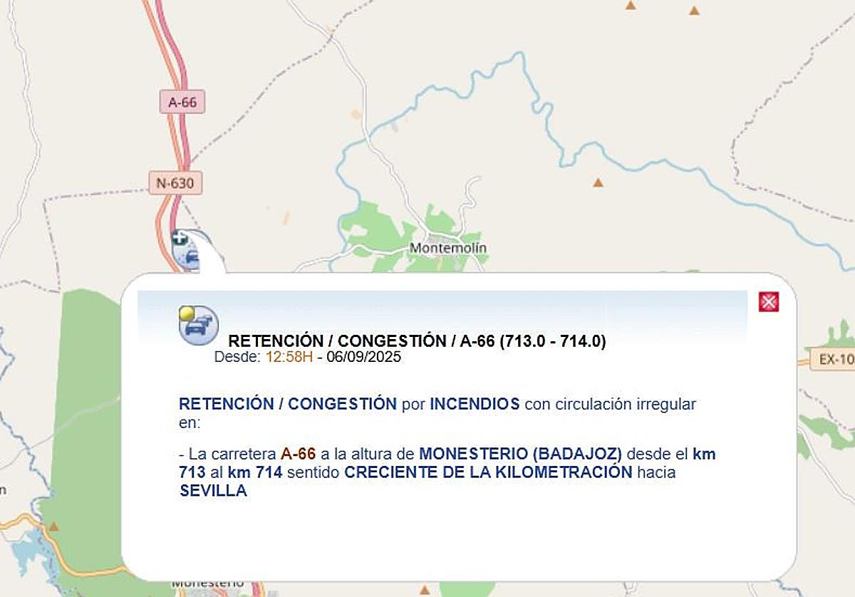 Aviso de la DGT de Tráifco con las retenciones en la A-66 por un coche ardiendo.