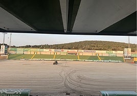 Trabajos de resiembra en el terreno de juego del estadio Príncipe Felipe de Cáceres.