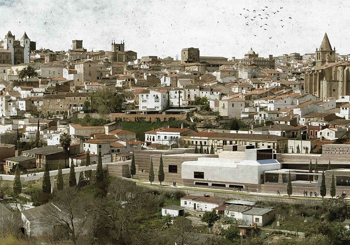 Recreación del futuro Museo del Madruelo de Cáceres y, a la izquierda, una parte de la pasarela peatonal que conectará el parking que se hará en el antiguo solar de Iberdrola con el centro expositivo y la calle Tenerías.