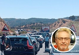 Coches parados en la autovía A-66, en sentido Sevilla, a la derecha, José Luis León, afectado de la larga retención.