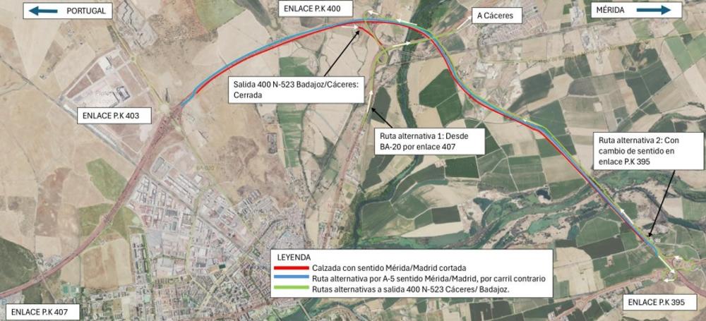 Rutas alternativas a la salida A-5 hacia N-523 Badajoz-Cáceres desde enlace 400.