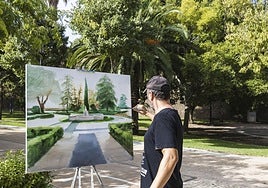 Uno de los pintores en el parque de la Legión de Badajoz.