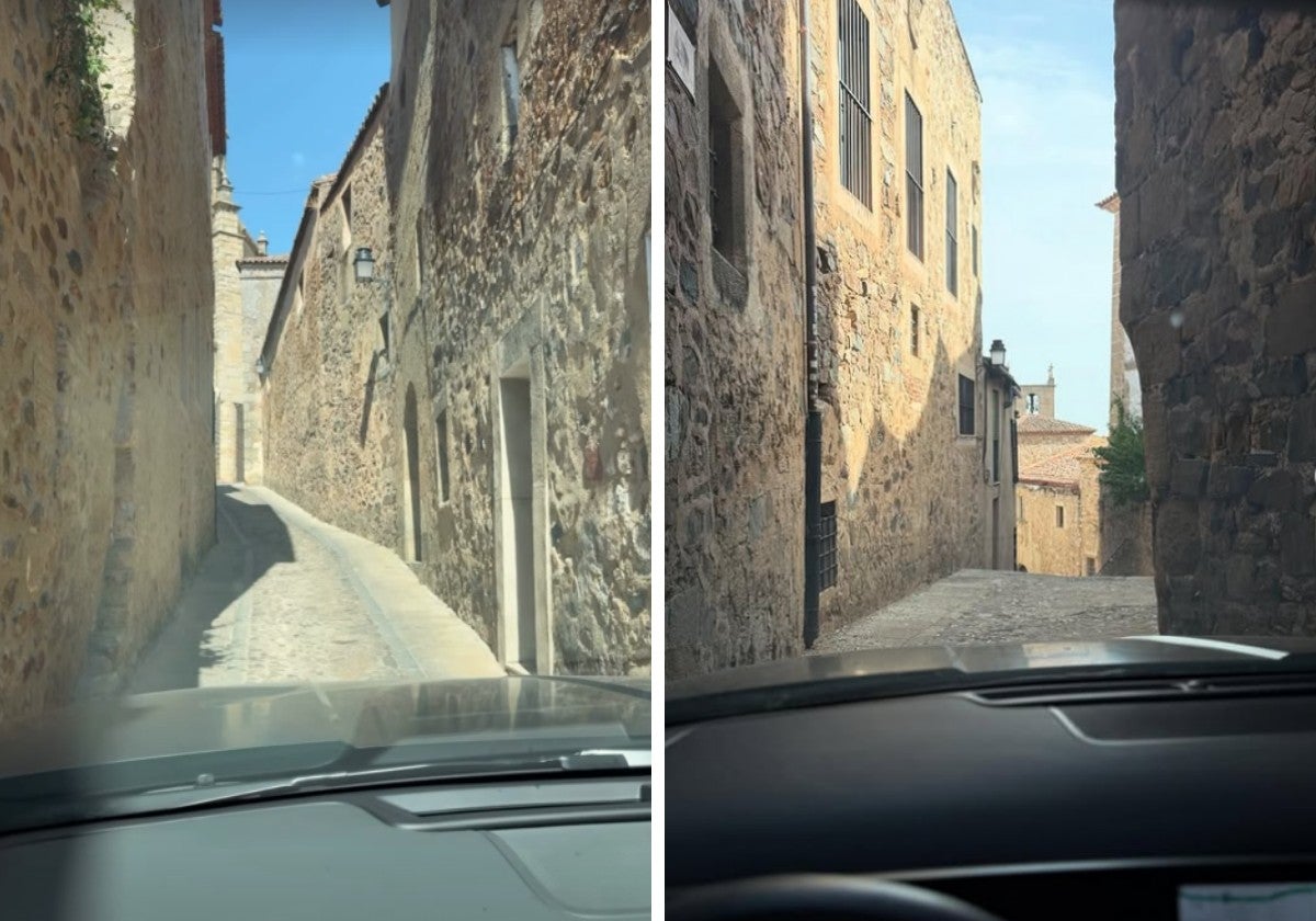 Momento en el que se quedó atascada con su coche por el centro de Cáceres