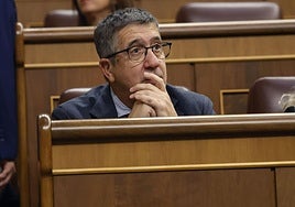 Patxi López, este martes en el Congreso de los Diputados, donde fue preguntado por el procesamiento de David Sánchez.