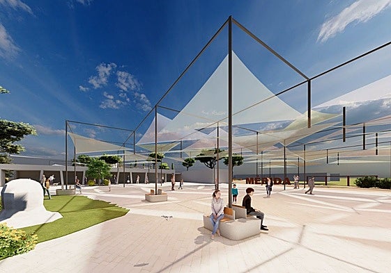 Recreación de cómo quedará la plaza de Margarita Xirgu tras la intervención del Consorcio, con sombra, espacios verdes, fuentes y bancos.