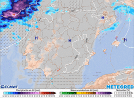 Precipitación acumulada en España, según la previsión de la ECMWF.
