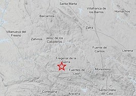 La estrella roja marca el epicentro del movimiento sísmico registrado este viernes, muy próximo a Higuera la Real.