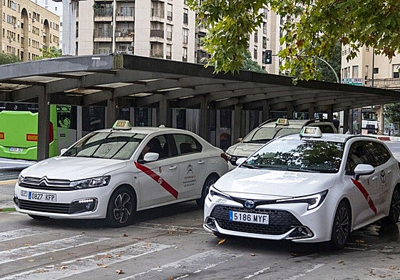 Taxis estacionado en la parada de la plaza de América de Cáceres, una de las que más movimiento tiene.