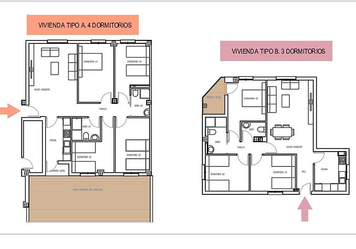 Distribución de las viviendas de 4 y 3 dormitorios en Ronda Norte.