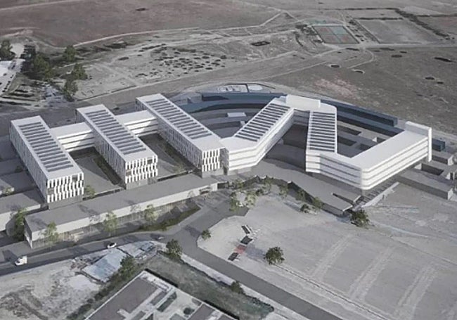 Recreación de la segunda fase del HUC, formada por los tres edificios de la izquierda.