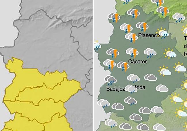 Las lluvias y tormentas previstas para el miércoles han obligado a activar los avisos amarillos en Extremadura.