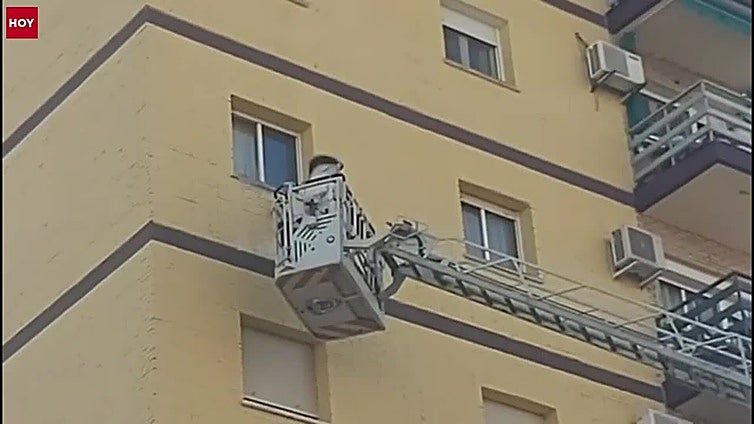 Los bomberos usan la autoescala para retirar avispas de una fachada